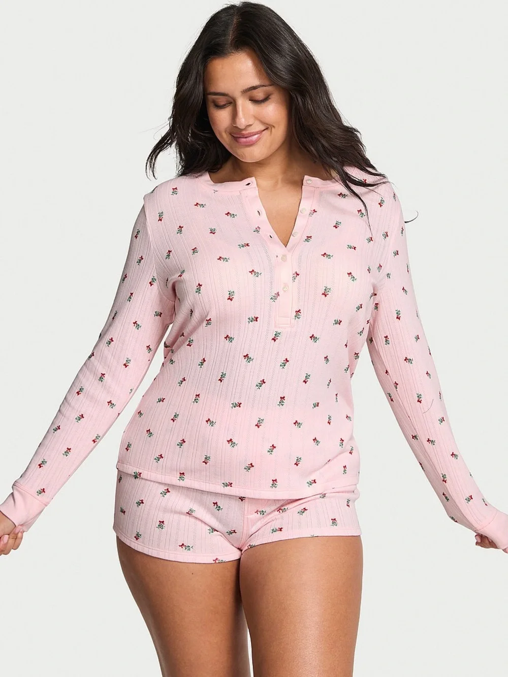Victoria Cozy Pointelle Henley Short Pajama Set Victoria Pink Mistletoe Size S